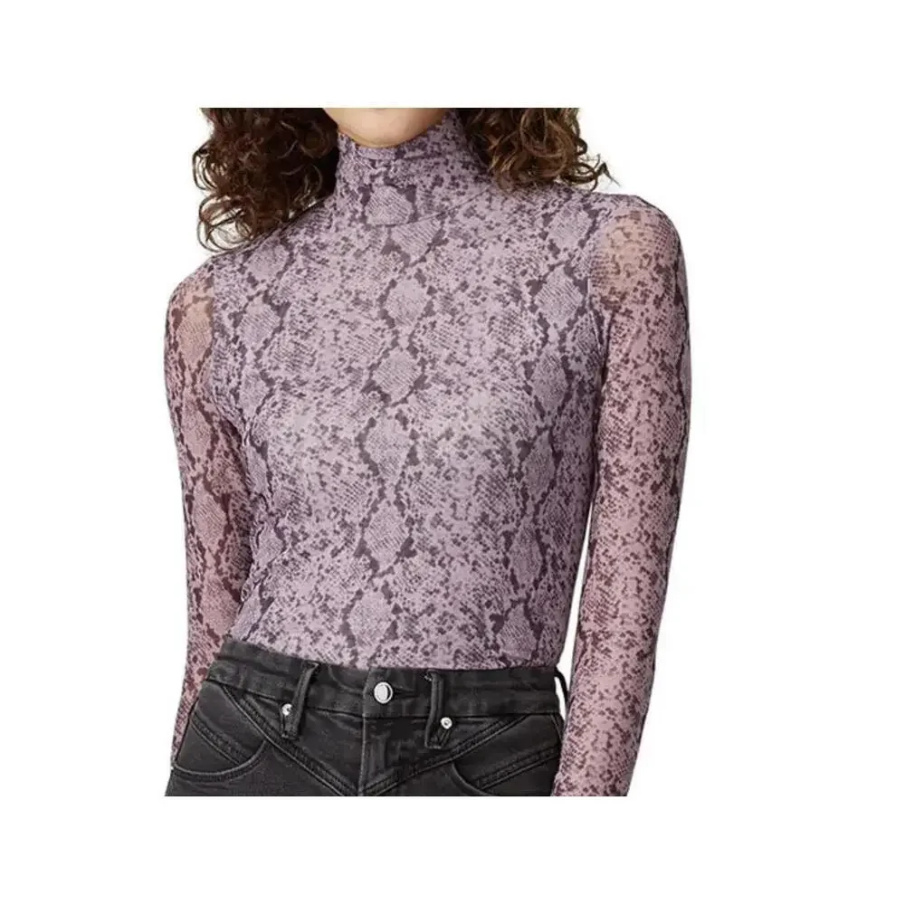 Cinq a Sept Mesh Long Sleeve Turtleneck Top with Snake Print, Large - Picture 2 of 6